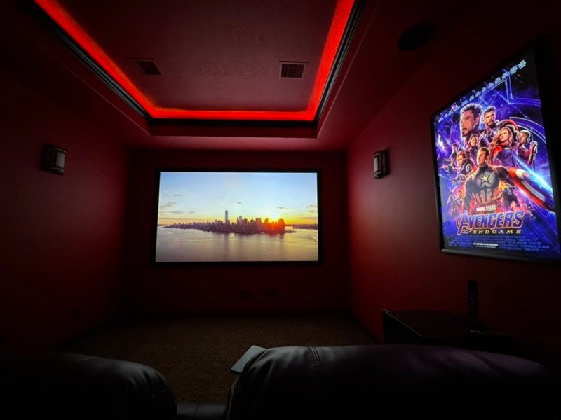 Custom Home Theater Installation with Red LED Cove Lighting